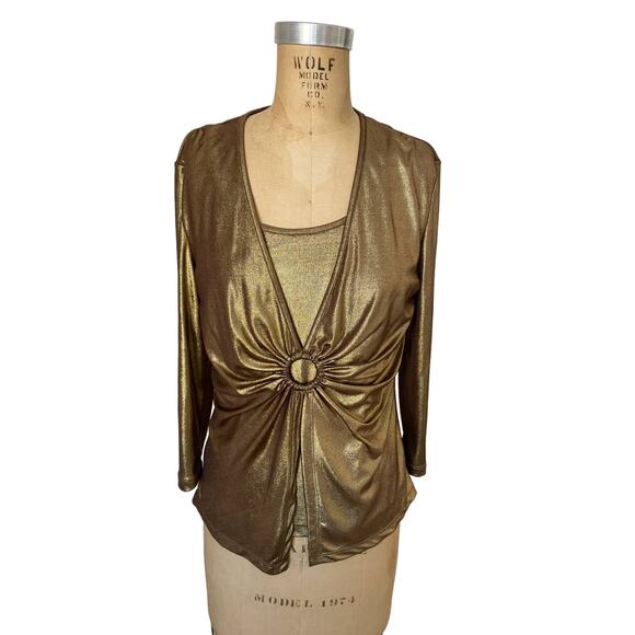 Libra Metallic Gold Vintage V Neck Long Sleeve Top with Ring size S/P - Picture 1 of 6